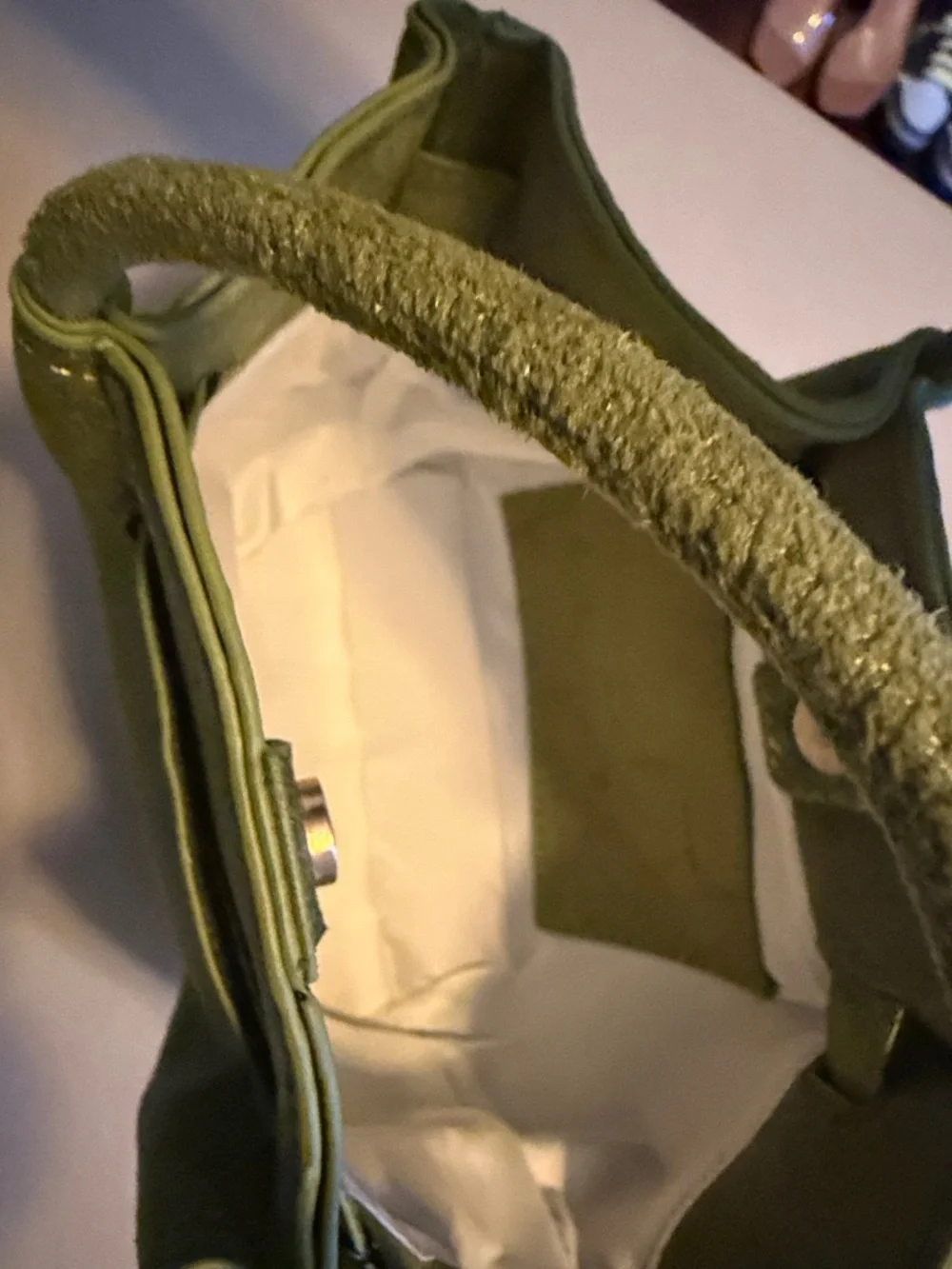 New Olive Green Mini Faux Suede Top-Handle Bucket Bag W/ strap - Picture 3 of 9
